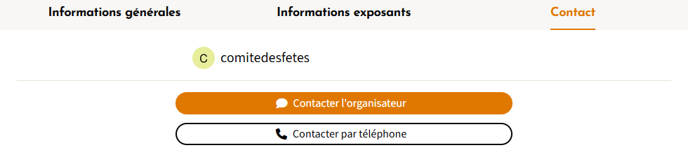 Onglet contact où se trouvent les boutons pour contacter l'organisateur par message ou par téléphone