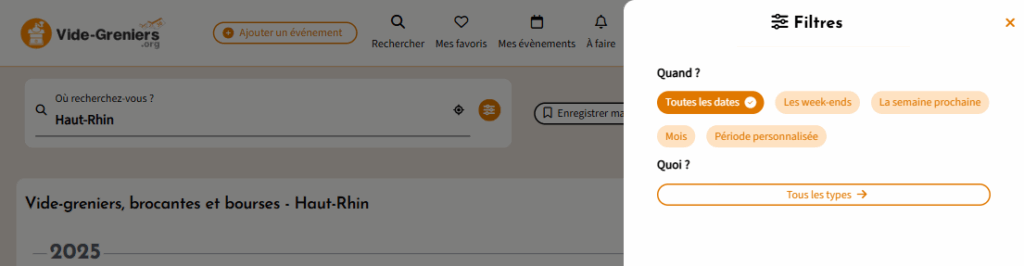 Filtrez la recherche par date et par types d'événements