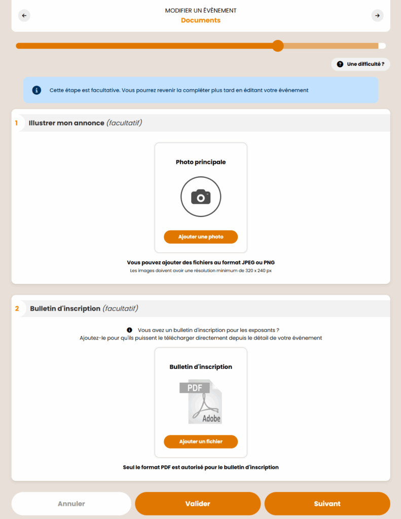 Ajoutez le bulletin d'inscription depuis l'étape Documents du formulaire d'ajout