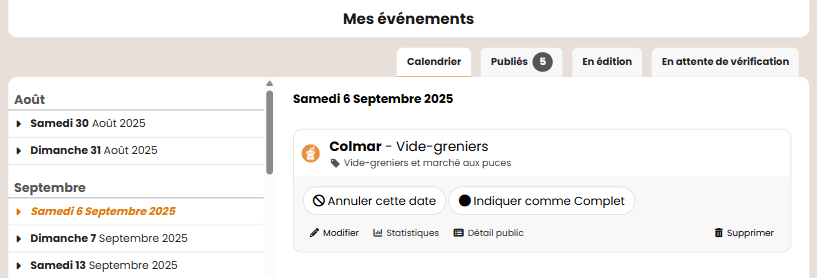 Liste des événements par dates